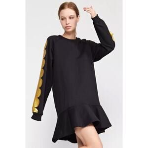 Black Scuba Sweatshirt Dress Gold Dots Ruffle Hem- Large